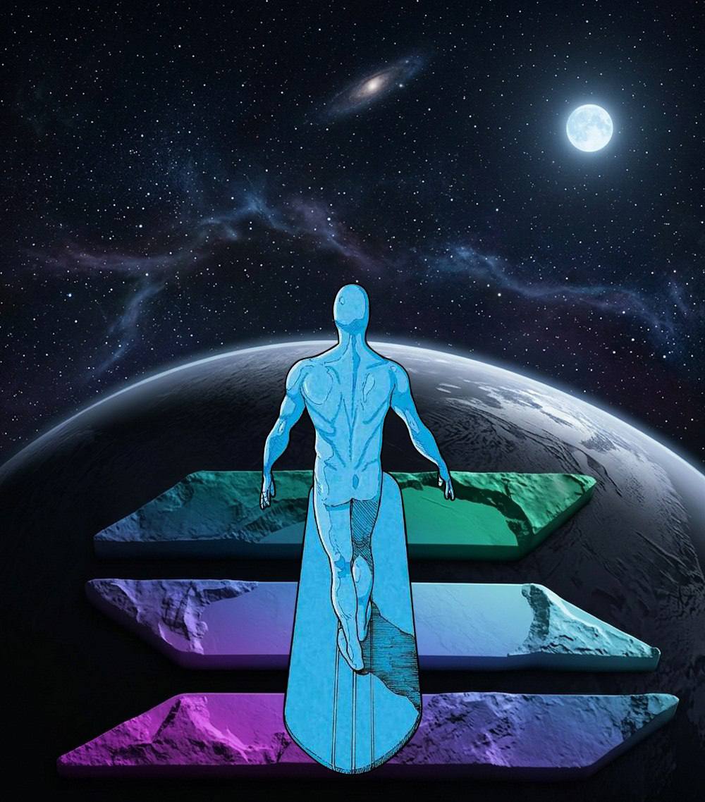 the blue being ascending over solana logos toward the moon