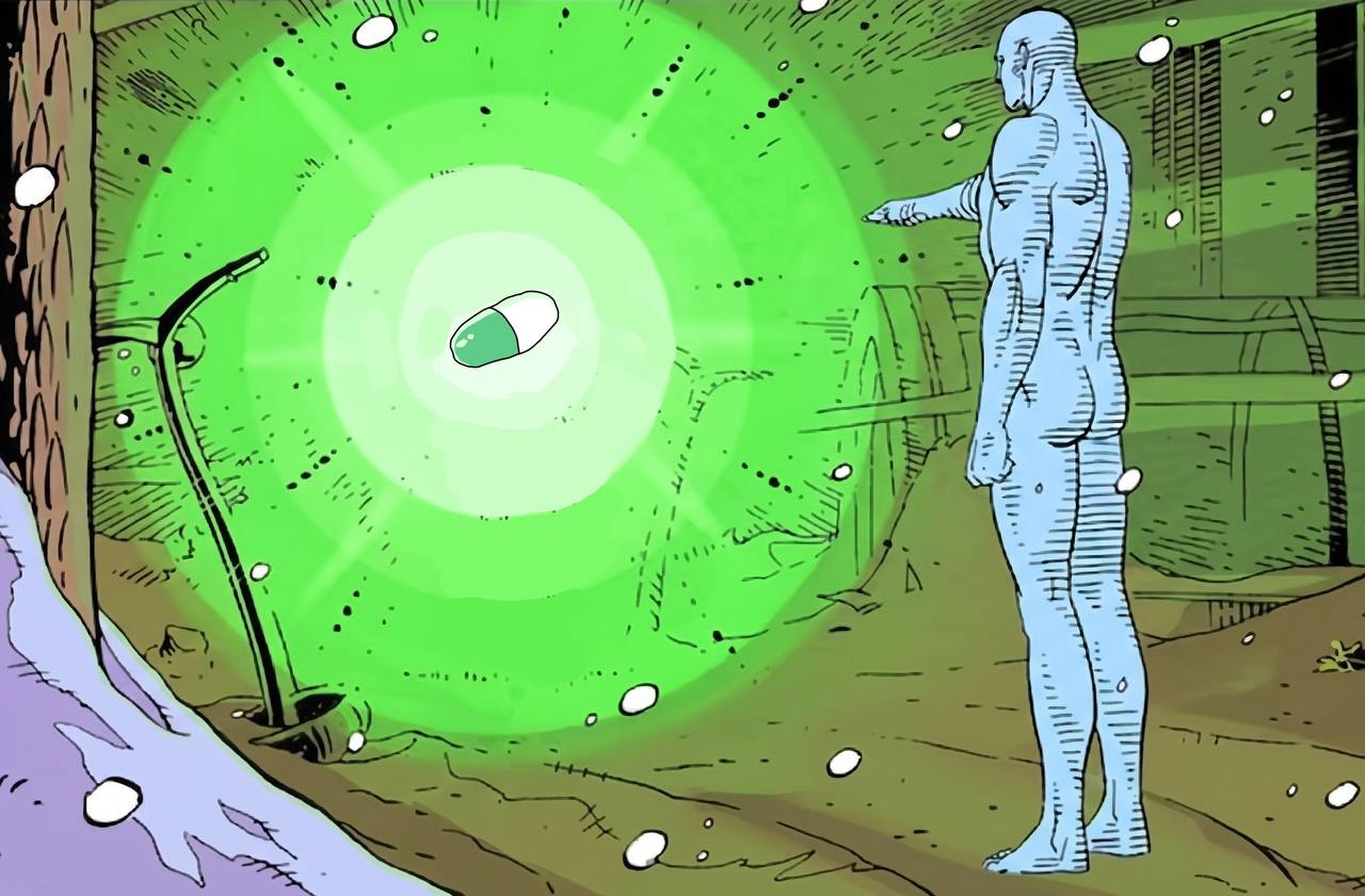 the blue being pointing at a glowing green pill