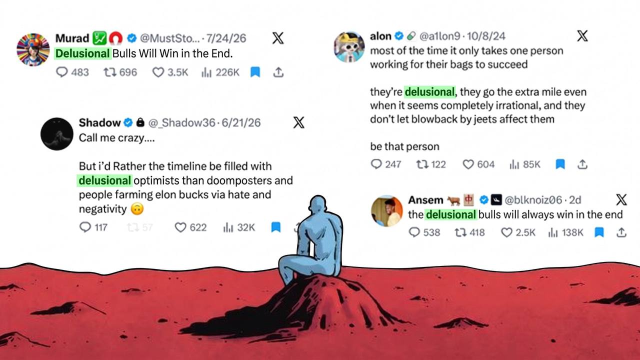 tweets from murad, shadow, alon and ansem about delusional bulls, over a blue being sitting on mars
