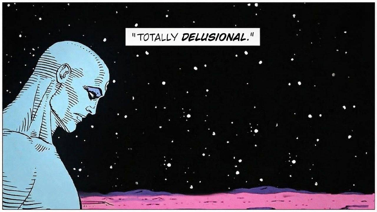 comic panel of the blue being, caption: totally delusional